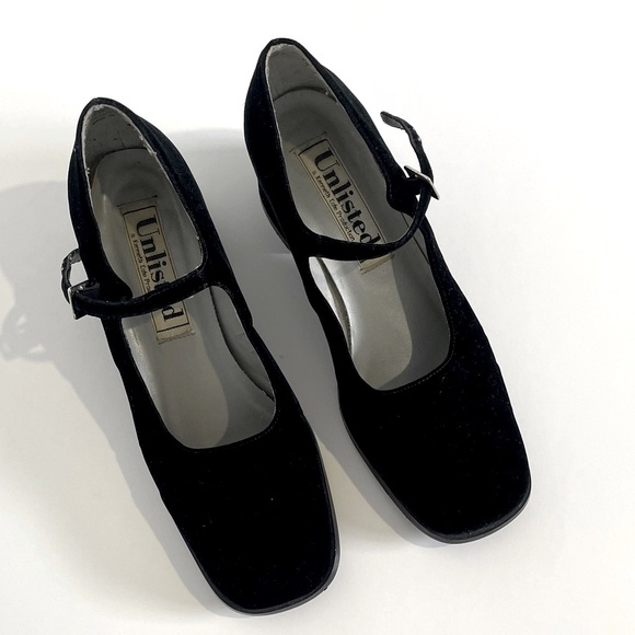 Unlisted Shoes - Unlisted Black Velvet Mary Jane Heels with Ankle Strap